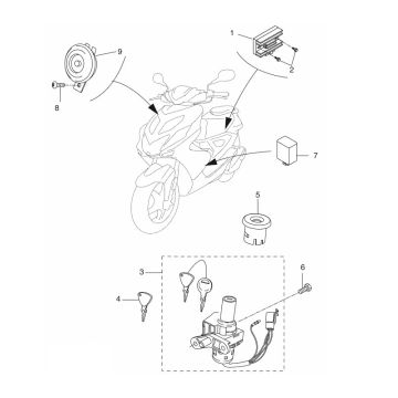 Contacteur à clé (neiman) - Régulateur de tension - Klaxon Yamaha Aerox 50 2T LC 2013