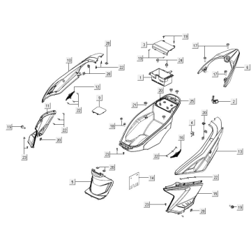 Carénages latéraux - Coffre à casque - Porte-bagages arrière Kymco Agility 16"+ 150i 4T AC Euro 4 métallisé mat argent