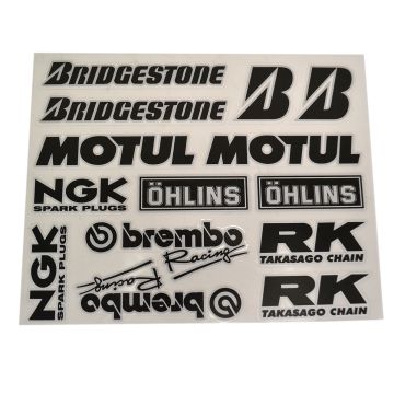 Jeu d'autocollants Brembo/Bridgestone/Motul/Ngk/Rk/Öhlins 14 pièces noir/argent Falko 980703