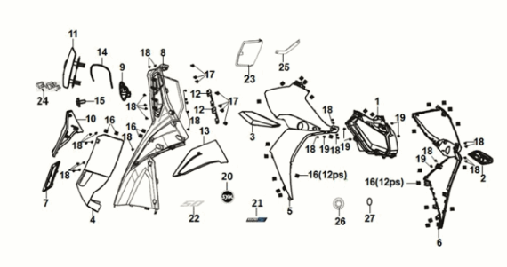 Capot avant - boîtier intérieur Sym Jet 14 50I E5 Matt Black (BR-497U)