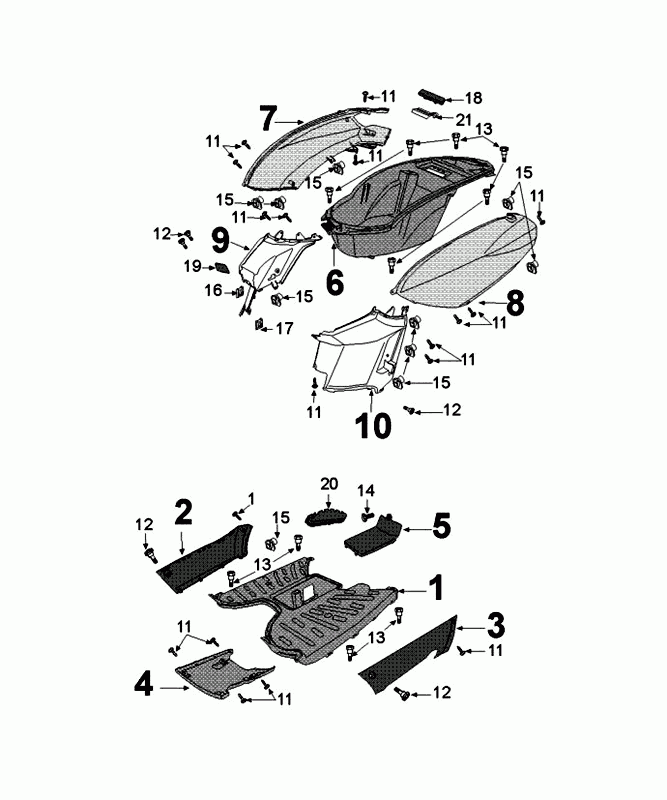 Carénages latéraux - Marche pieds - Coffre à casque Peugeot Kisbee mad gris  Euro 4