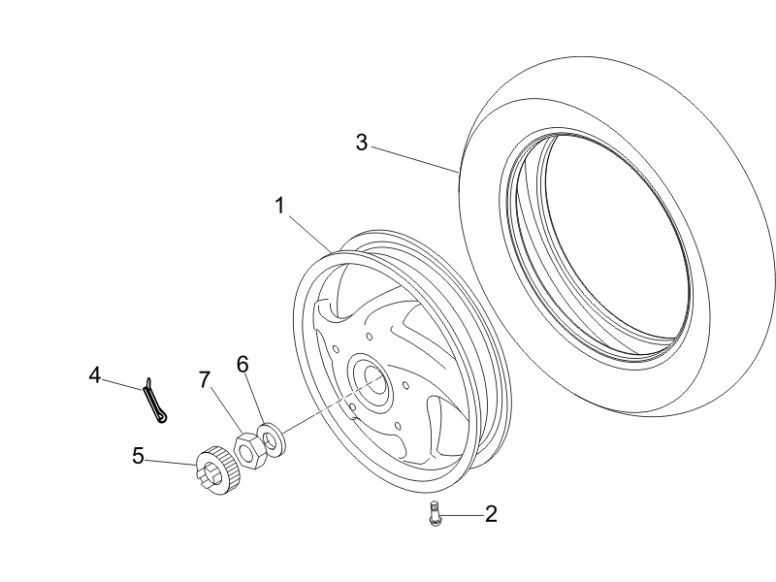 Roue arrière Vespa LXV 25 km 4 temps 2 soupapes