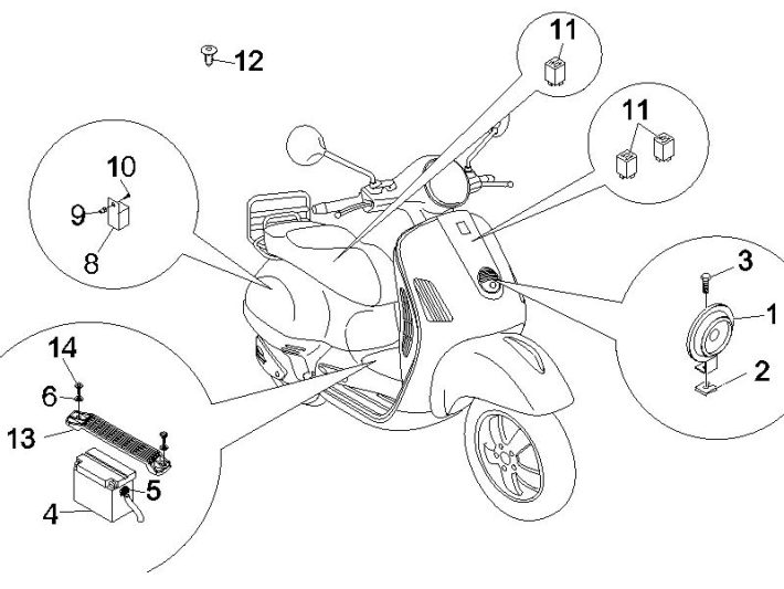 Commutateurs de sélection - Boutons poussoirs Vespa GTS 250 ie 2005-2009 (avec ABS)