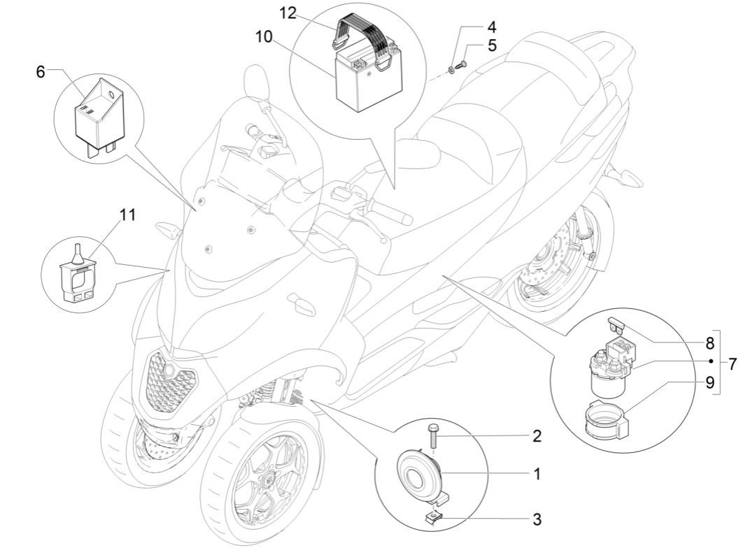 Interrupteurs à distance - Batterie - Klaxon - Piaggio MP3 300 ie E4 LT BUSINESS - SPORT NOABS-ABS 2016 - 2018 (EMEA)