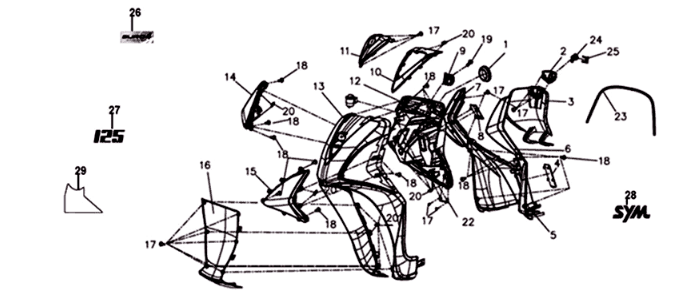 Plaque avant/plaque intérieure/clignotants Sym Symphony ST 125I E4 bleu/noir/argent (BU-280S/BK-001C/S-882U)