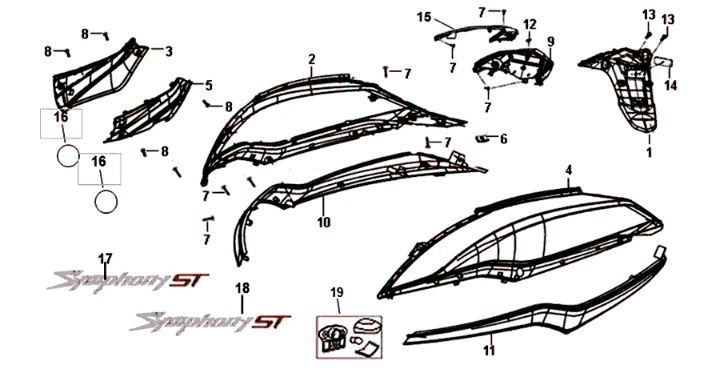 Placage Sym Symphony ST 125I E4 bleu/noir/argent (BU-280S/BK-001C/S-882U)