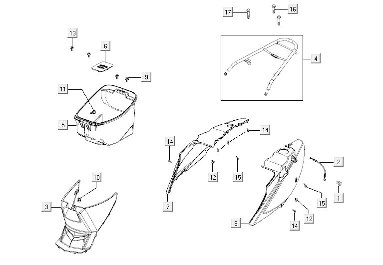 Carénages latéraux - Coffre à casque - Porte-bagages arrière Kymco Agility 10