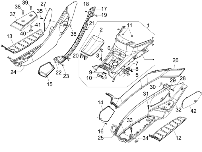 Cache central - repose-pieds Piaggio MP3 300LT Sport 2009-2014 gris Orion 713/B