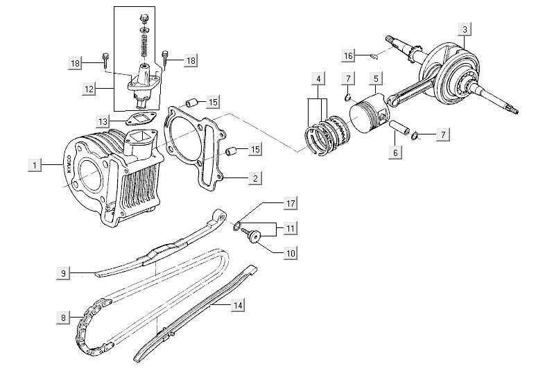 Cylindre, vilebrequin et pistons Kymco Agility Fat 12', 4 temps