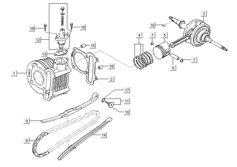Cylindre vilebrequin Kymco Agility 10' 4 temps argent