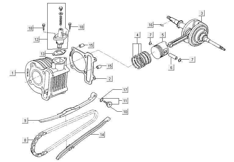 Cylindre vilebrequin Kymco Agility 12' 4 temps argent