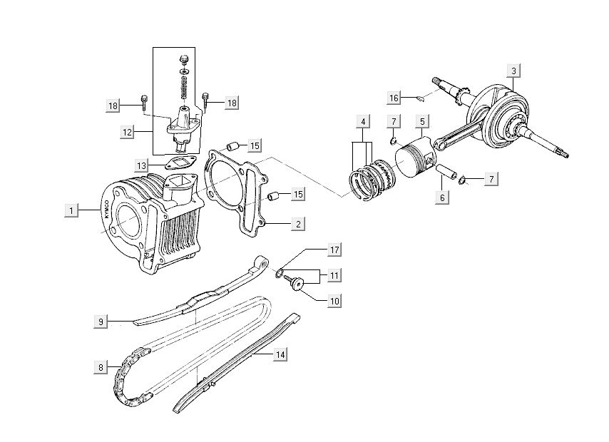 Cylindre - Piston - Vilebrequin Kymco Like TT 50 4T AC argent techno 2015