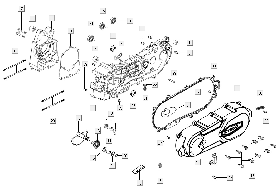 Carter - Couvercle de carter - Axe de kick Kymco Agility 16