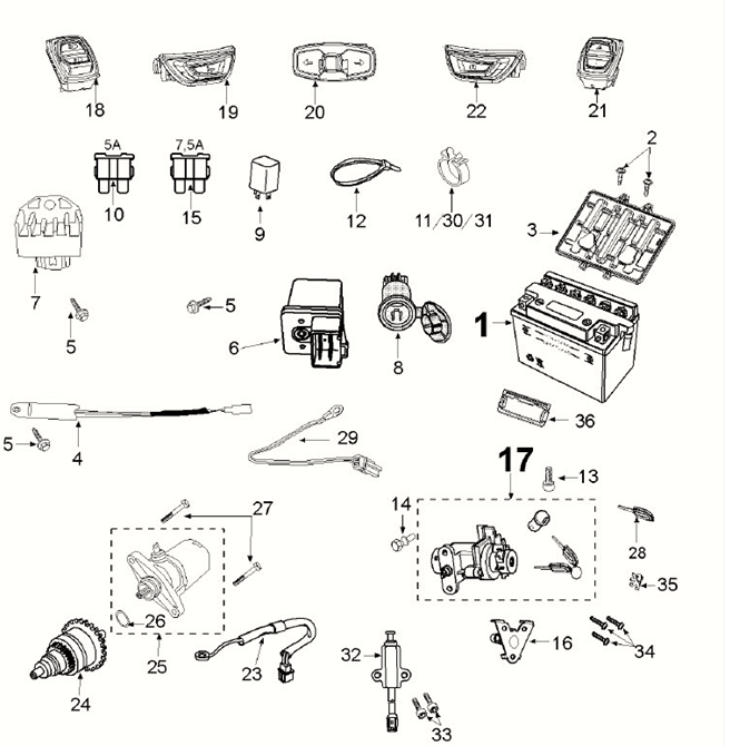 Pièces électriques - Bendix - Démarreur - Batterie Peugeot Django 4 temps Euro 5