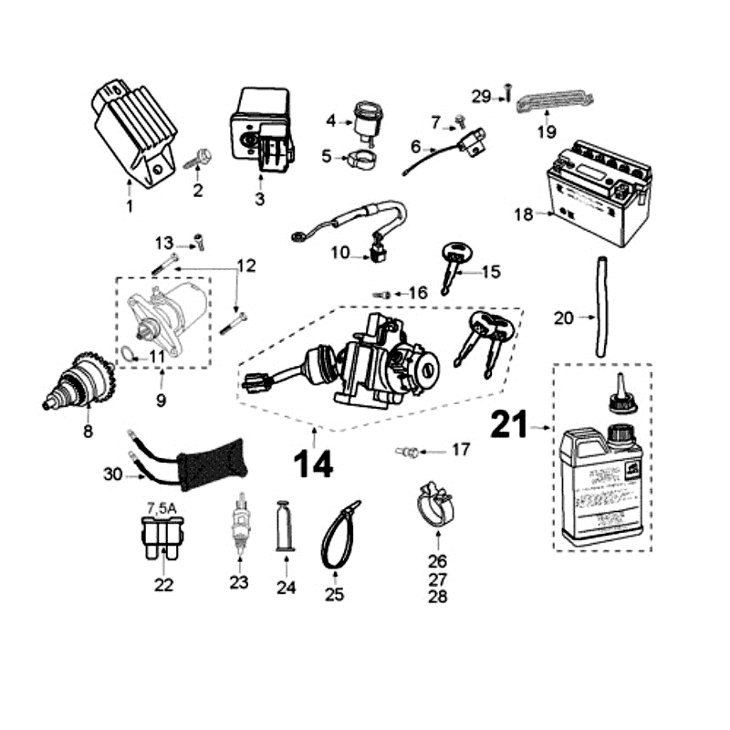 Pièces électriques - Pignon de démarreur - Démarreur - Batterie Peugeot Kisbee 50 4T AC Euro 2 â†2018 brun