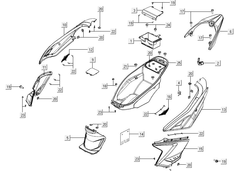 Carénages latéraux - Coffre à casque - Porte-bagages arrière Kymco Agility 16