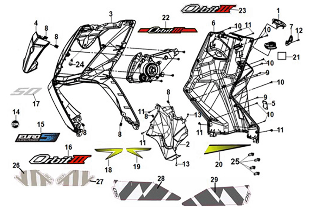 Capot avant - boîtier intérieur avant Sym Orbit III 50 E5 blanc/gris (WH-006/GY-419S)