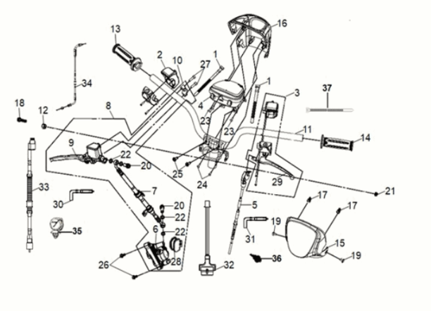 Guidon - Commodo de guidon - Compteur - Système de freinage Sym Mio 50i 4T AC Euro 5 noir mat (BK007U/BK-001C)