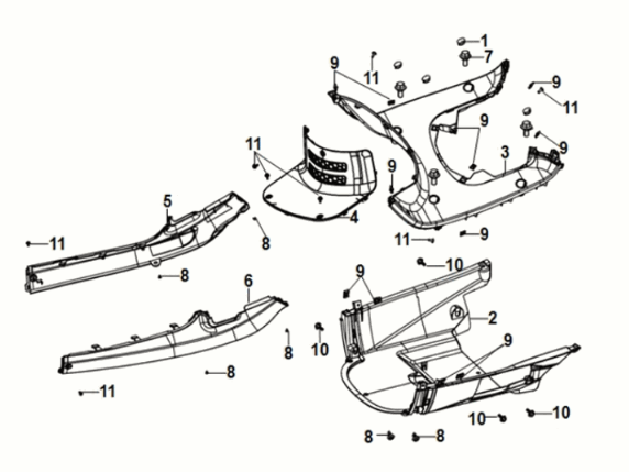 Couvercle central du panneau de plancher du garde-boue intérieur Sym Fiddle IV 50 E5 blanc (WH-8028P)
