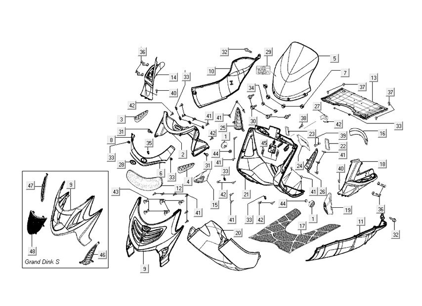 caches médians avant Kymco Grand Dink 2-temps Silver