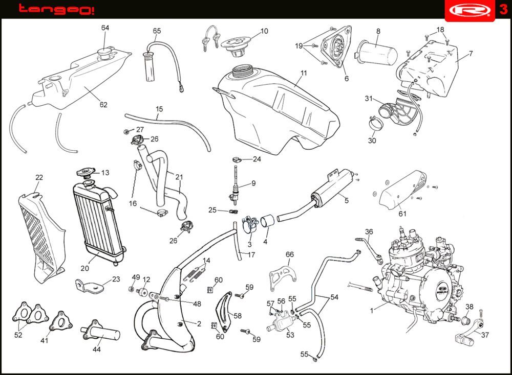 Refroidissement- Réservoir de carburant-Echappement Rieju Tango blue 2008 2 temps
