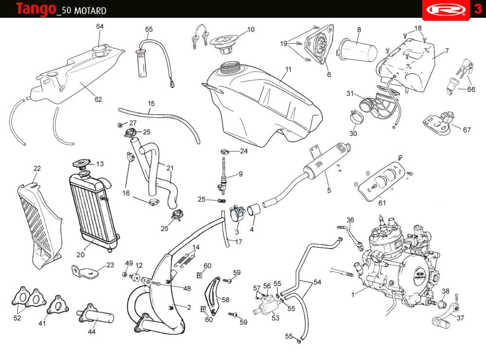 Refroidissement- Réservoir de carburant- Echappement Rieju Tango blue 2010 2 temps
