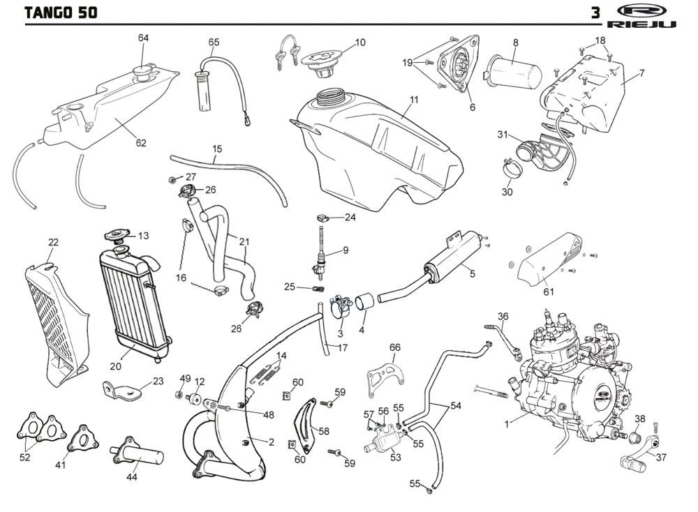 Refroidissement- Réservoir de carburant-Echappement Rieju Tango green 2009 2 temps