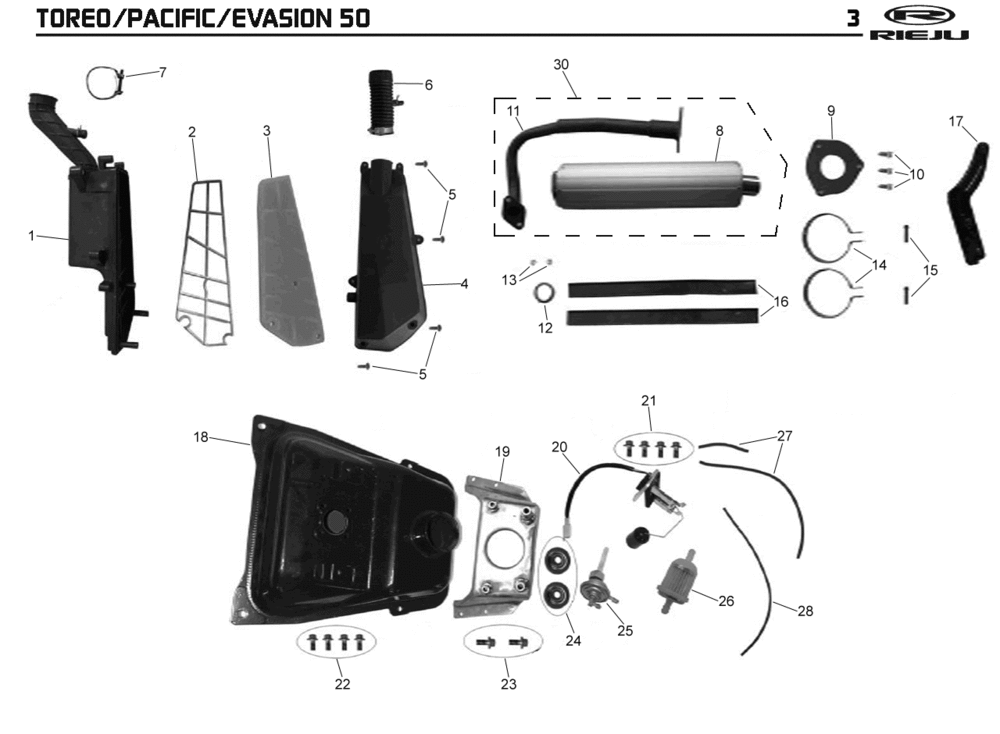 Filtre à air- Réservoir de carburant - Échappement Rieju Pacific 50 4T AC rouge 2009