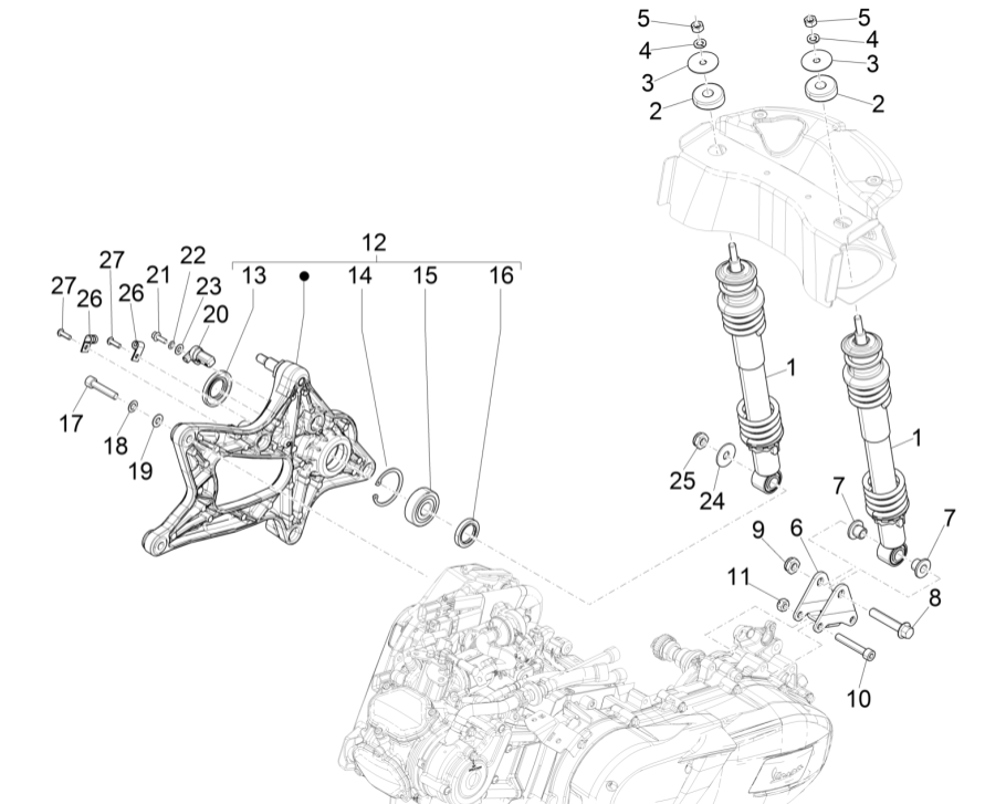 Suspension arrière - Amortisseur (s) Vespa GTS 125 4T E5 ABS 2021 (EMEA)