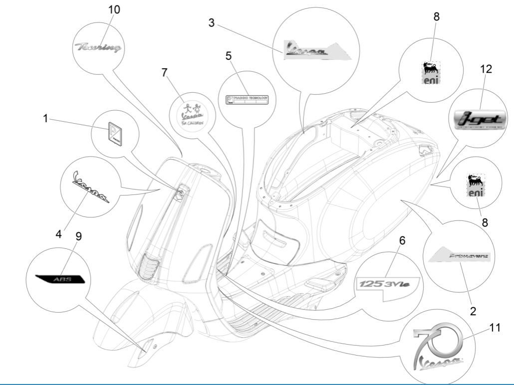 Plaques et bandes décoratives Vespa Primavera 125 4T 3V IE ABS