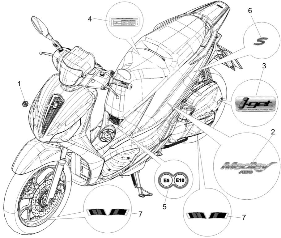 Plaques et sangles à déchets pour Piaggio Medley 125 ABS E5 2021-2022 (EMEA)