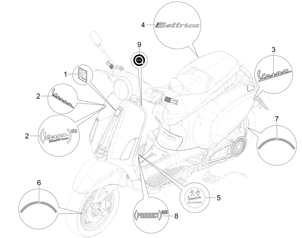 Plaques et bandes décoratives Vespa Eletrica 45KM/H E5 2021 (EMEA)