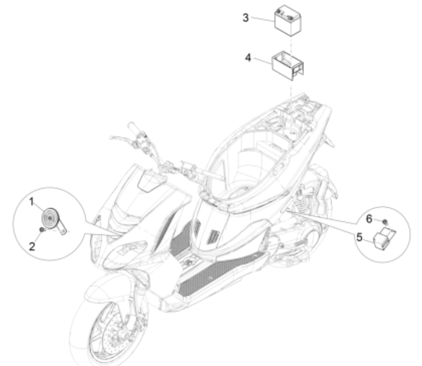 Batterie, klaxon, relais de démarrage Piaggio NRG Power 50 2 temps LC Euro 4