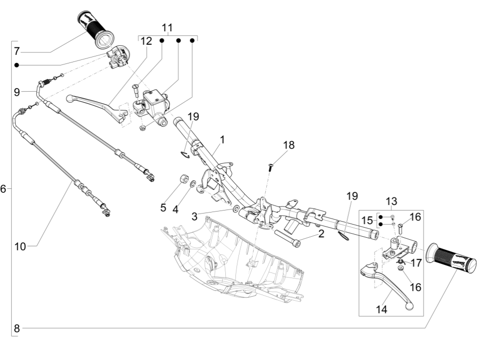 Volant - Cylindre de frein - Câble d'accélérateur - Poignées Vespa Sprint 150 3V IE ABS Euro 3 2015