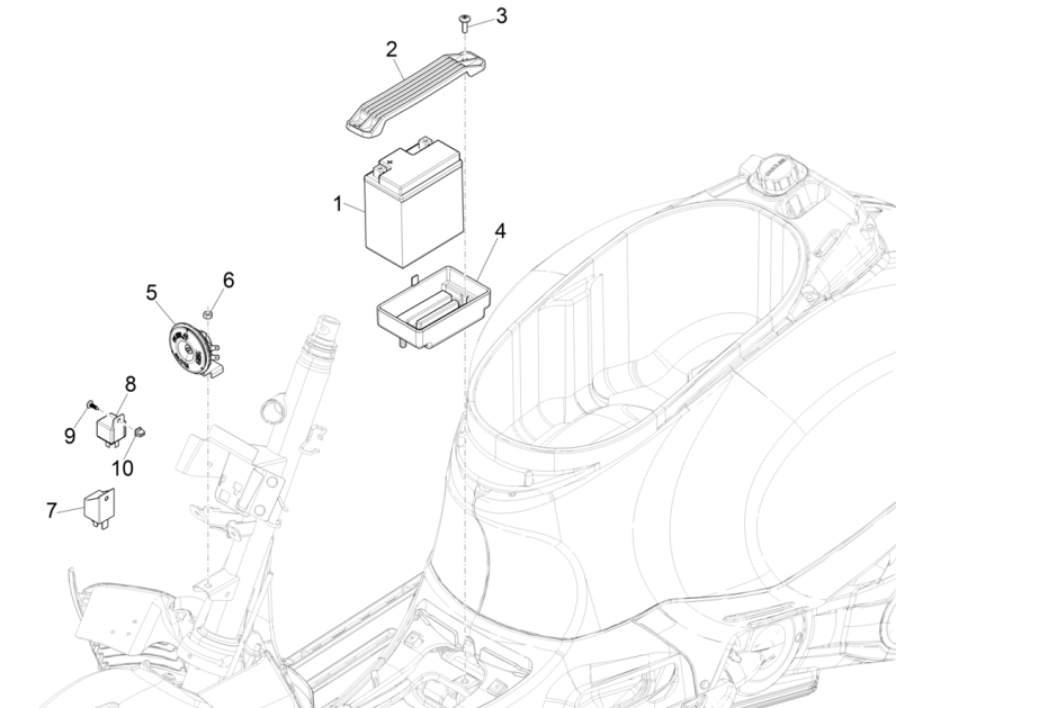 Batterie - Klaxon - Relais de démarreur Vespa GTS 300 Super HPE 4V IE ABS Euro 5 2020-2022