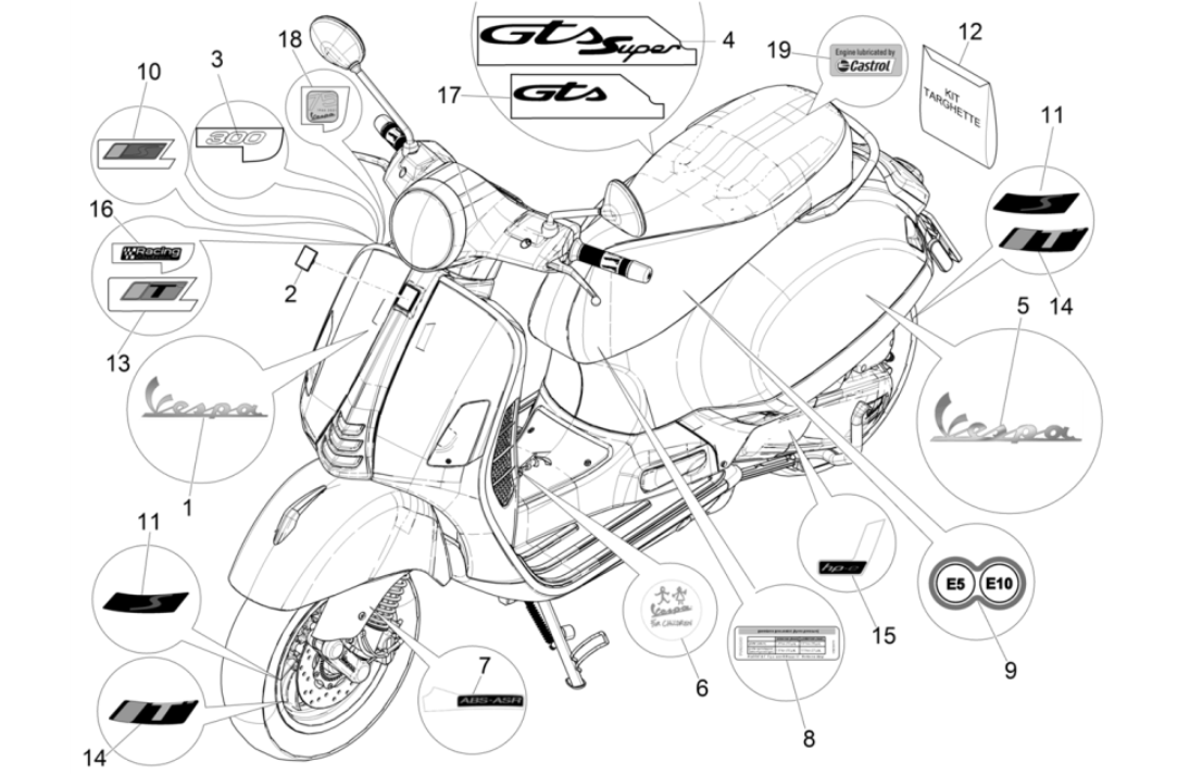 Emblèmes - Autocollants - Logo Vespa GTS 300 Super HPE 4V IE ABS Euro 5 2020-2022