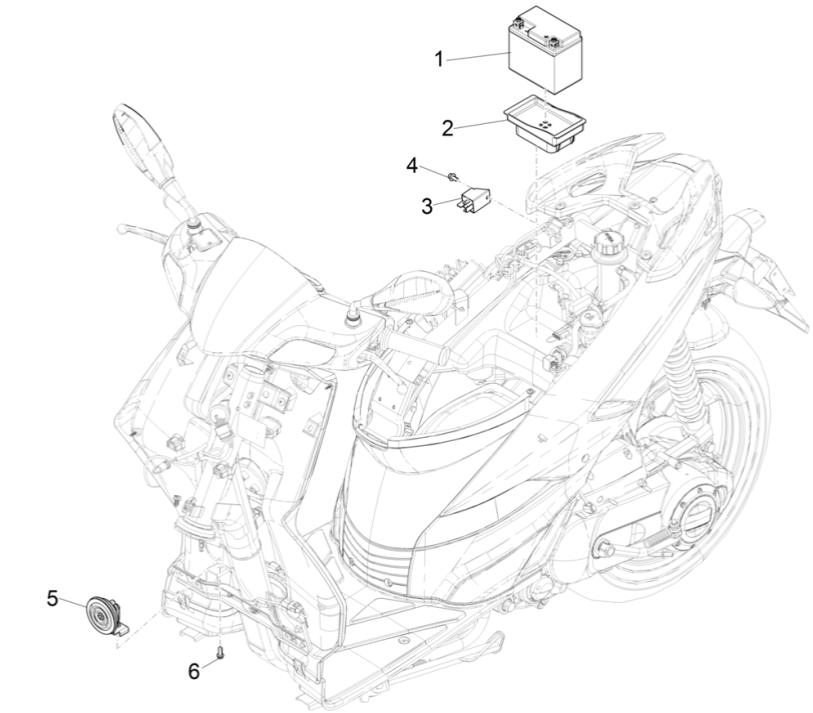 Batterie - Klaxon - Relais de démarreur Piaggio Typhoon 50 2 temps Euro 4 2018-2020