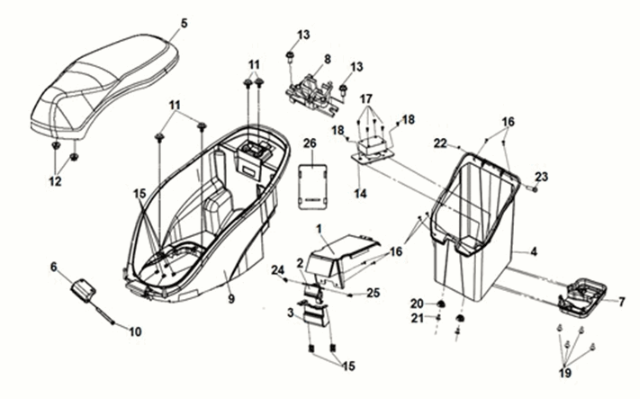 Selle et coffre à bagages Sym E-MIO