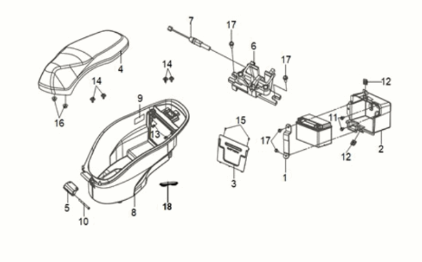 Selle - coffre à bagages Sym Mio 50I E5
