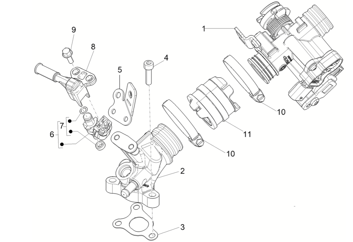 Corps d'accélérateur et admission Vespa Sprint 4 temps 3 soupapes (injection euro5 IGET)