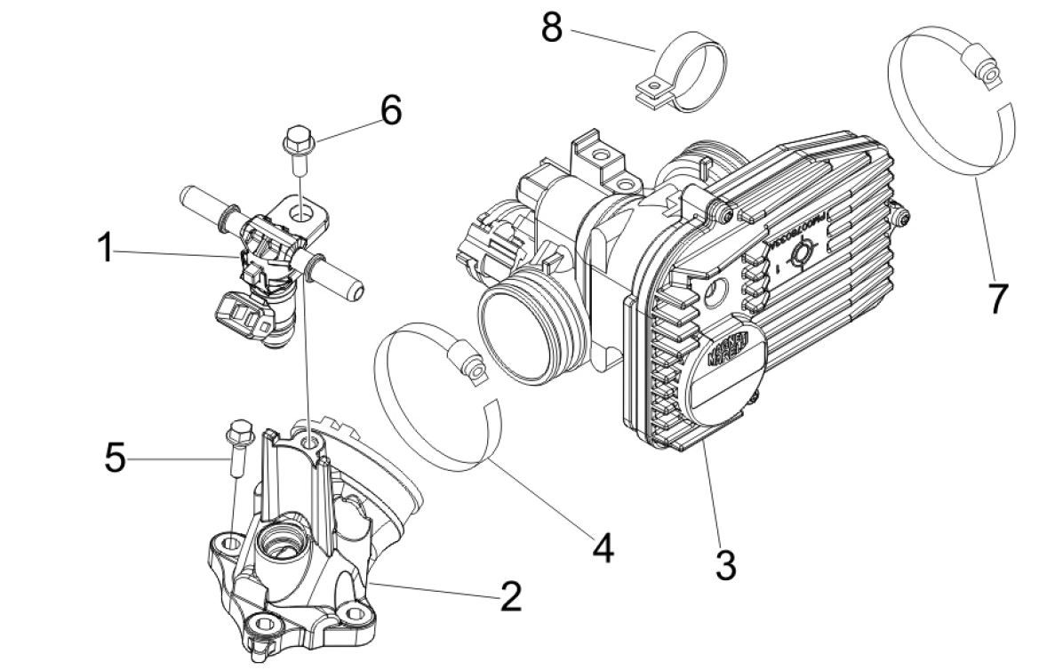 Boîtier de papillon des gaz - Injecteur - Entrée de raccordement Vespa GTV 250 4T 4V IE