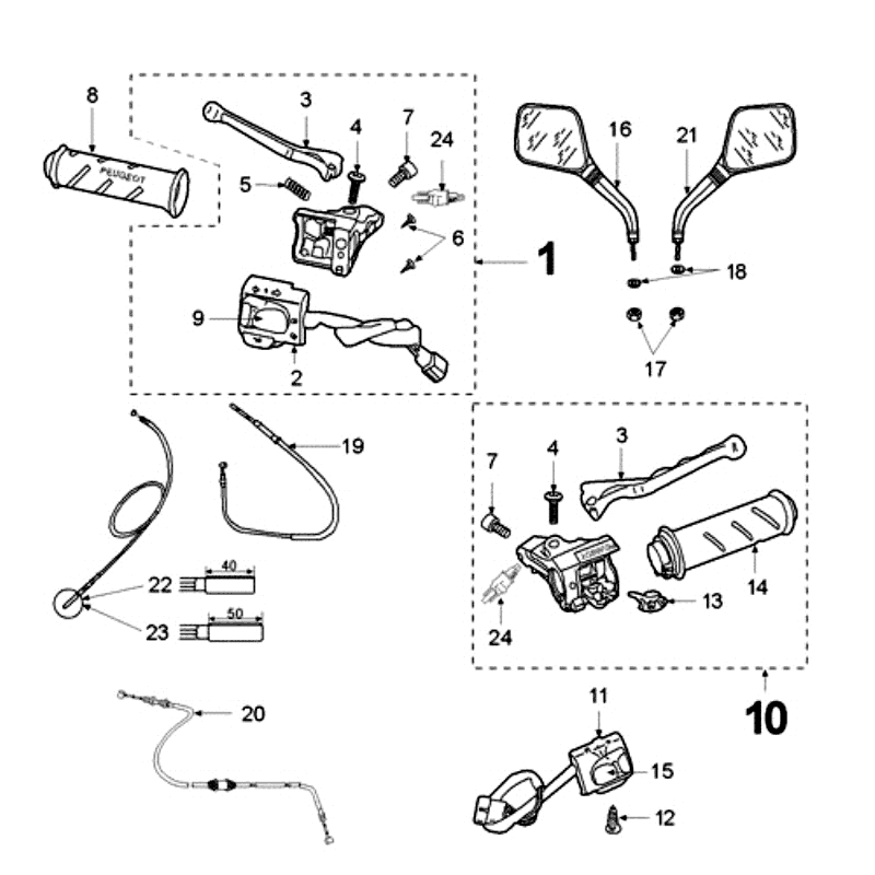 Rétroviseurs et poignées Peugeot Fox Deluxe Black