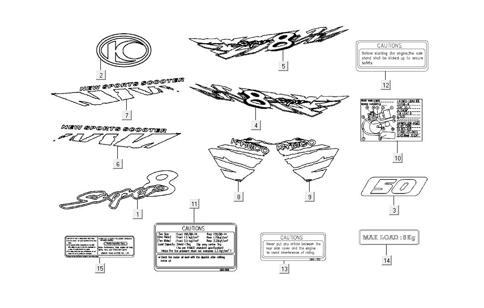 jeu d'autocollants Kymco Super 8 4 temps (2007-2009) Bleu jaune