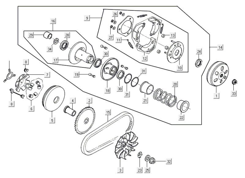 Accouplement variateur Kymco Agility 16'+ injection 4 temps euro4 Rouge