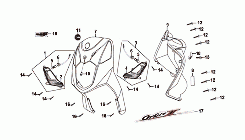 Façade/plaque intérieure/clignotants SYM Orbit II Euro 4 brun mat